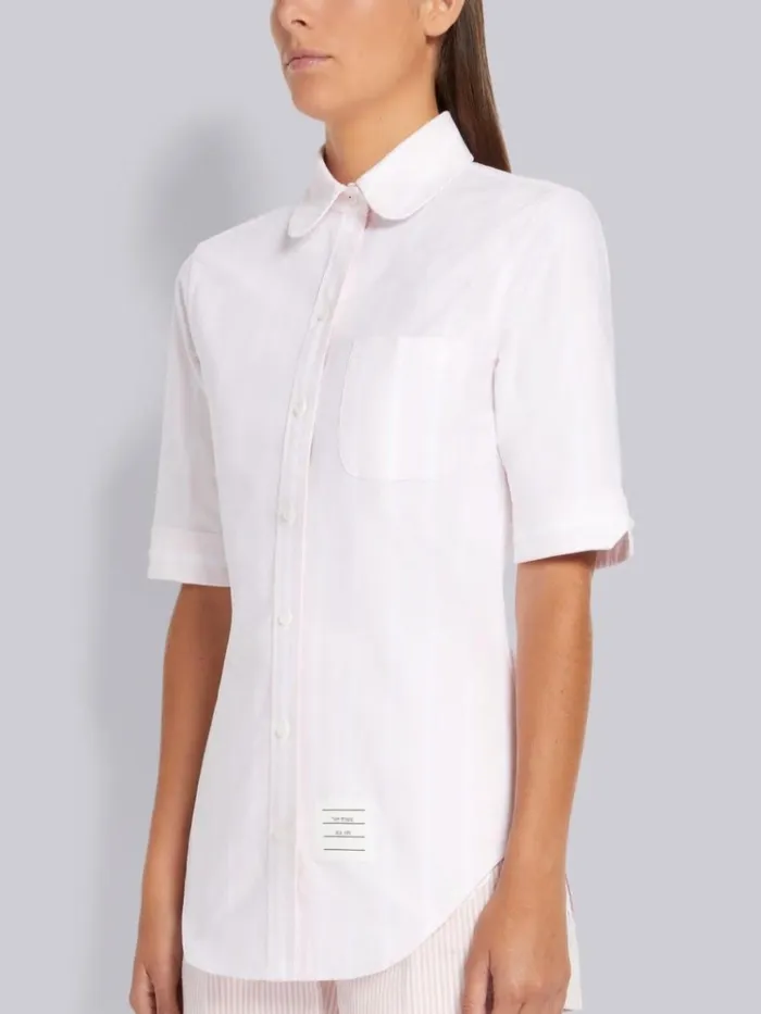 Banker Stripe Oxford Round Collar Classic Short Sleeve Shirt Light Pink Women Thom Browne Tops and Shirts