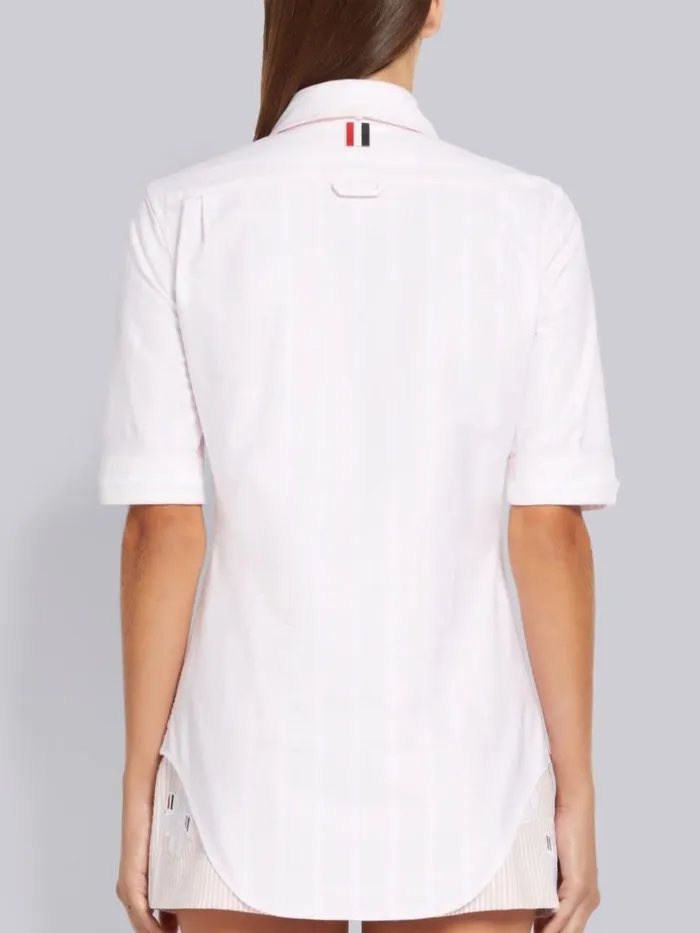Banker Stripe Oxford Round Collar Classic Short Sleeve Shirt Light Pink Women Thom Browne Tops and Shirts