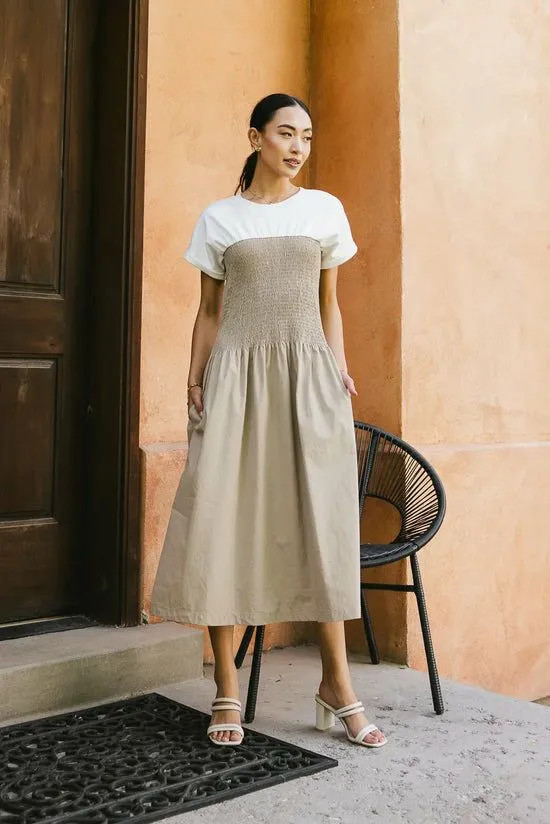 Bohme Florence Smocked Midi Dress In Taupe Taupe Women Dresses