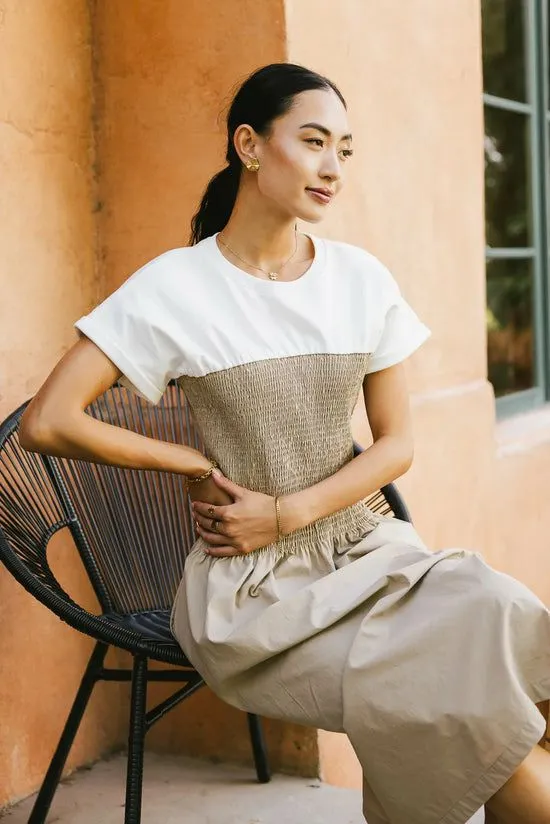 Bohme Florence Smocked Midi Dress In Taupe Taupe Women Dresses