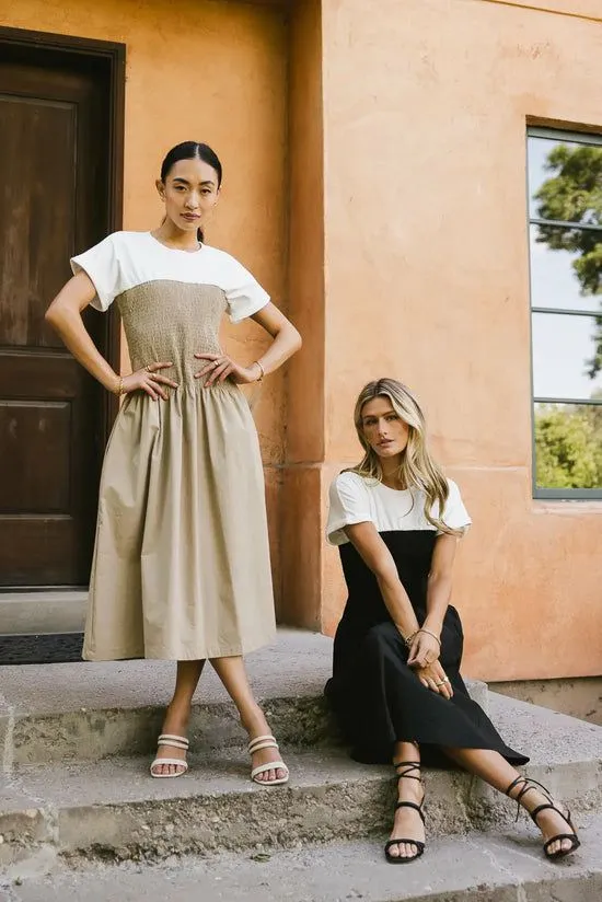 Bohme Florence Smocked Midi Dress In Taupe Taupe Women Dresses