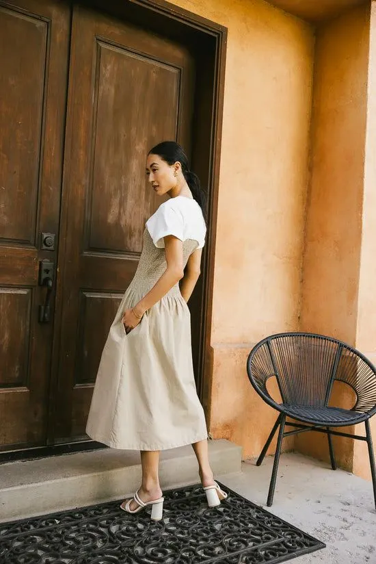 Bohme Florence Smocked Midi Dress In Taupe Taupe Women Dresses