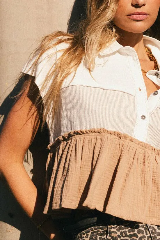 Bohme Lainey Contrast Top Tan Women Blouses