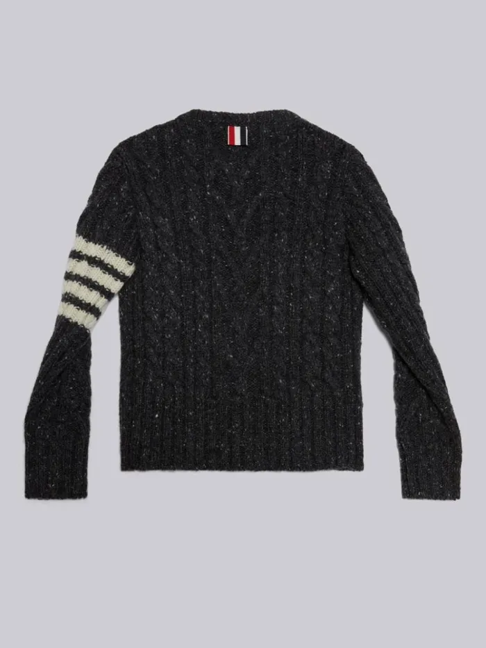 Fine Merino Mohair Tweed 4bar Aran Cable Crew Neck Pullover Dark Grey GirlsBoys Thom Browne Knitwear