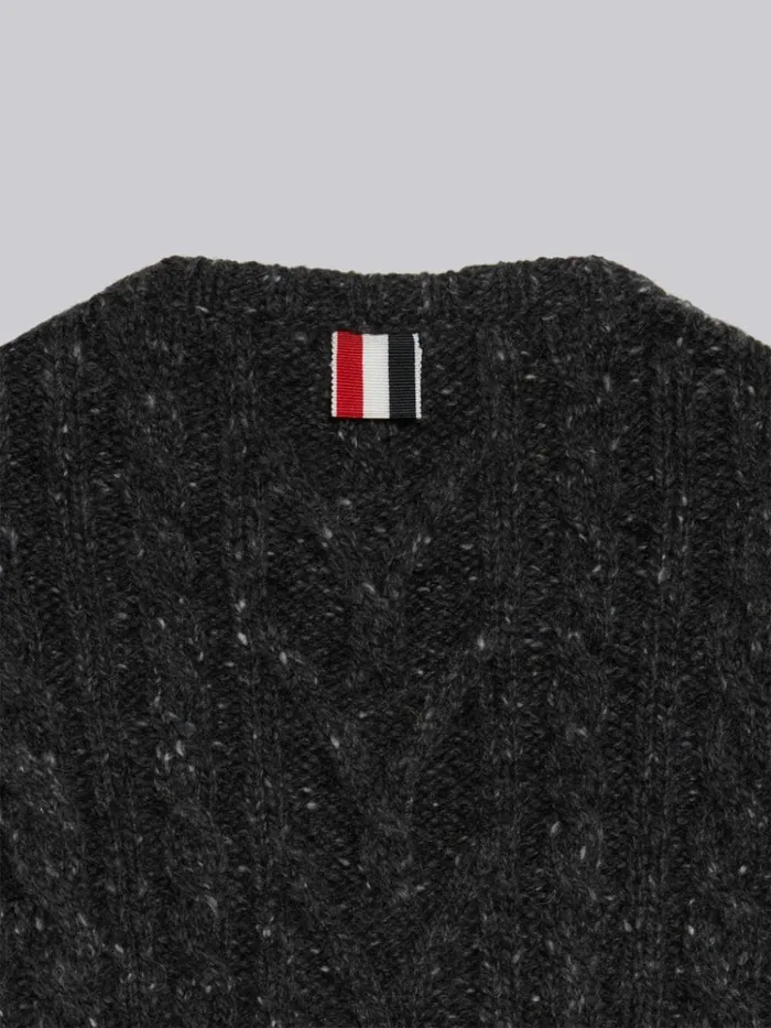 Fine Merino Mohair Tweed 4bar Aran Cable Crew Neck Pullover Dark Grey GirlsBoys Thom Browne Knitwear
