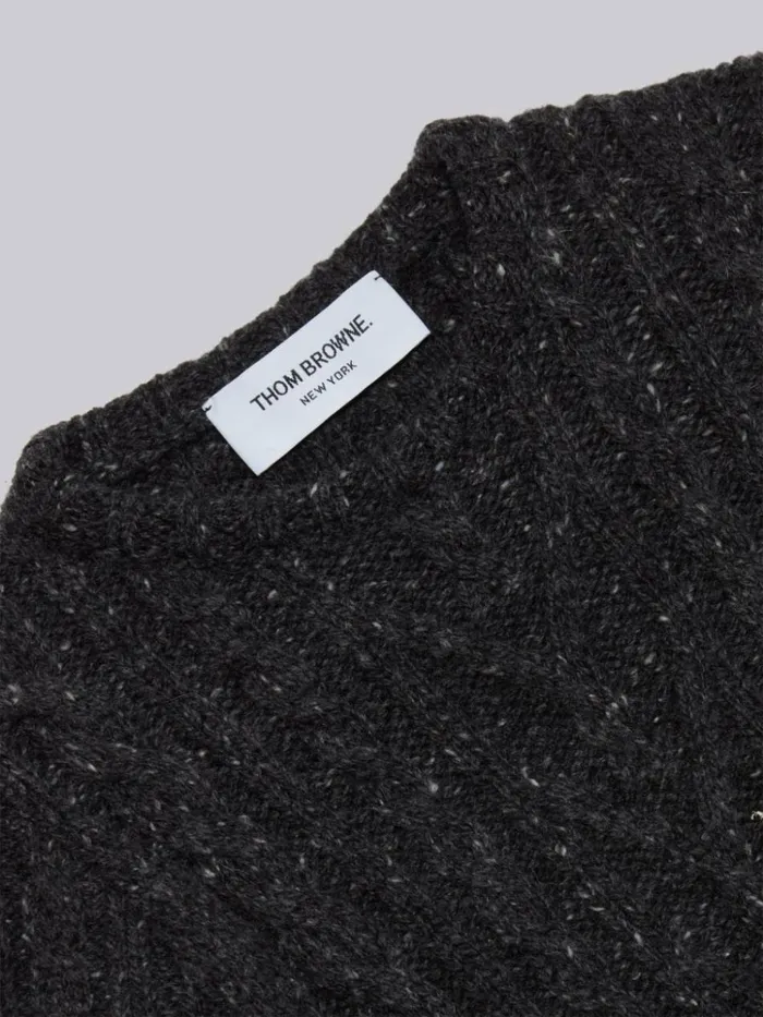 Fine Merino Mohair Tweed 4bar Aran Cable Crew Neck Pullover Dark Grey GirlsBoys Thom Browne Knitwear