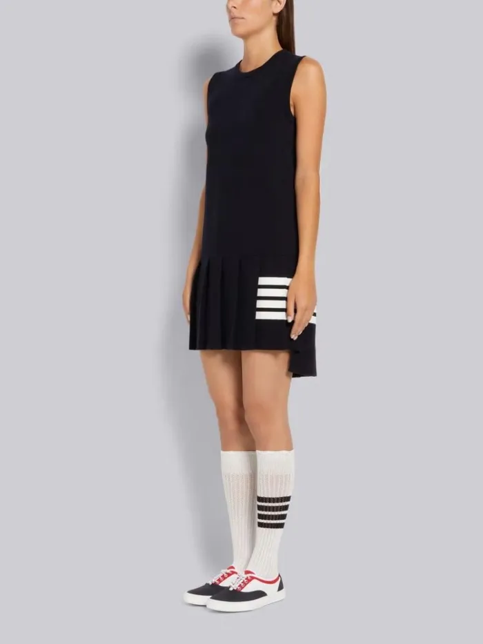 Jersey Stitch Cotton 4bar Pleated Bottom Sleeveless Mini Dress Navy Women Thom Browne Dresses