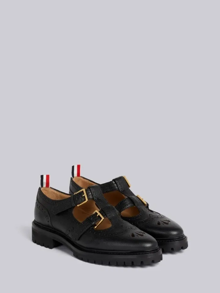 Pebble Grain Leather Commando Sole 2strap Brass Buckle Thom John Black Women Thom Browne Brogues and Loafers