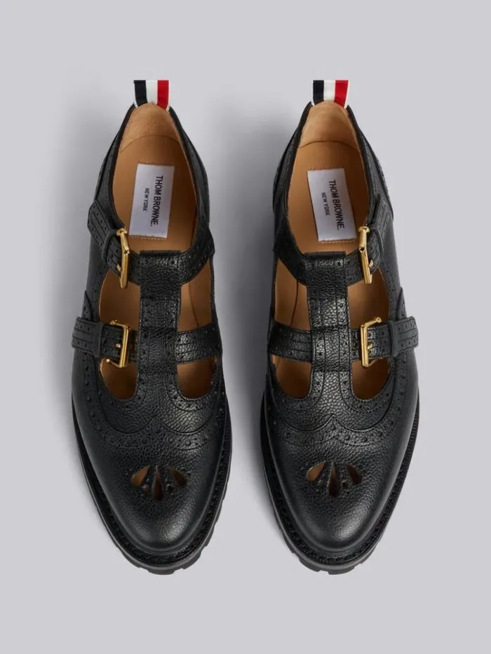Pebble Grain Leather Commando Sole 2strap Brass Buckle Thom John Black Women Thom Browne Brogues and Loafers