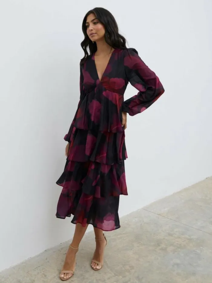 Pretty Lavish Dresses Ashton Ruffle Midi Dress Berry 8211 Women