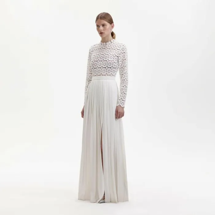 Self Portrait Bridal Pleated Crochet Floral Maxi Dress 8211 Women