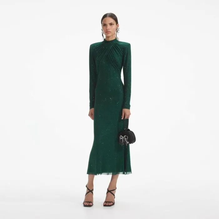 Self Portrait Wedding Guest Green Rhinestone Mesh Midi Dress 8211 Women