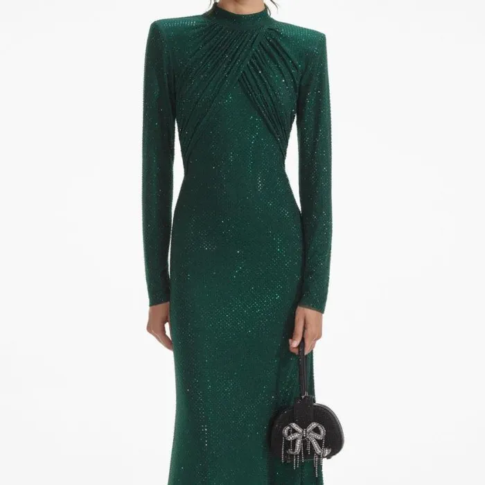 Self Portrait Wedding Guest Green Rhinestone Mesh Midi Dress 8211 Women