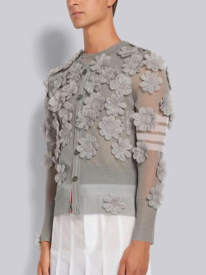 Silk Organza Flower Applique 4bar Crew Neck Cardigan Light Grey Men Thom Browne Knitwear