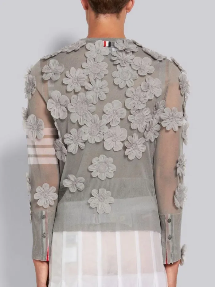 Silk Organza Flower Applique 4bar Crew Neck Cardigan Light Grey Men Thom Browne Knitwear