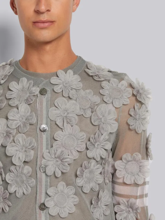 Silk Organza Flower Applique 4bar Crew Neck Cardigan Light Grey Men Thom Browne Knitwear