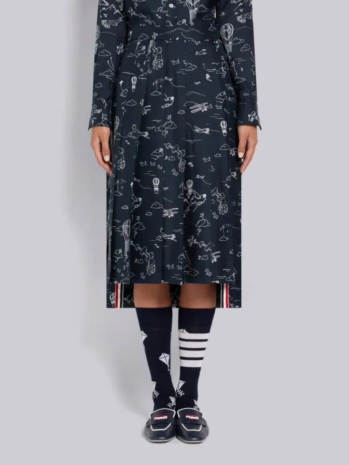 Sky Toile Printed Silk Twill Dropped Back Pleated Below The Knee Skirt Navy Women Thom Browne Skirts Sky Toile Printed Silk Twill Dropped Back Pleated Below The Knee Skirt Navy Women Thom Browne Skirts