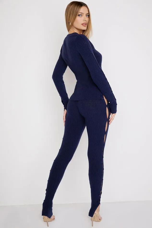 Women Belong Navy Ribbed Knit Trousers House Of CB Bottoms Women Belong Navy Ribbed Knit Trousers House Of CB Bottoms