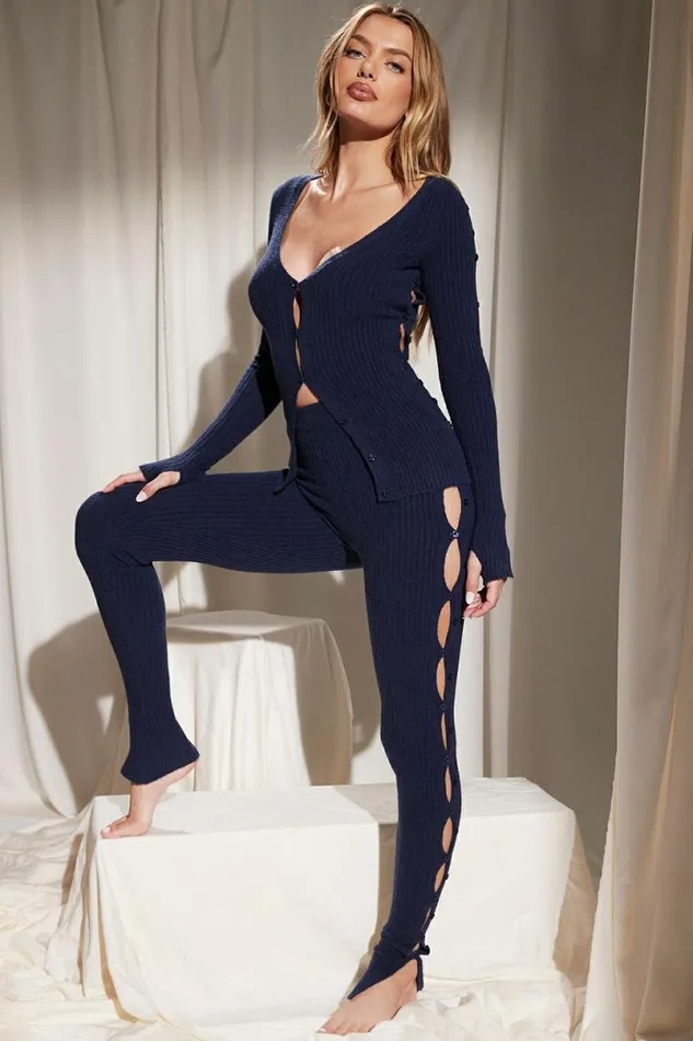 Women Belong Navy Ribbed Knit Trousers House Of CB Bottoms Women Belong Navy Ribbed Knit Trousers House Of CB Bottoms