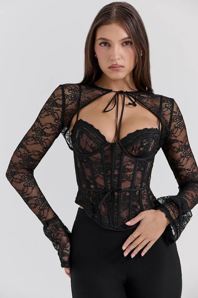 Women Lisette Black Lace Corset Top With Bolero House Of CB Corsets Women Lisette Black Lace Corset Top With Bolero House Of CB Corsets