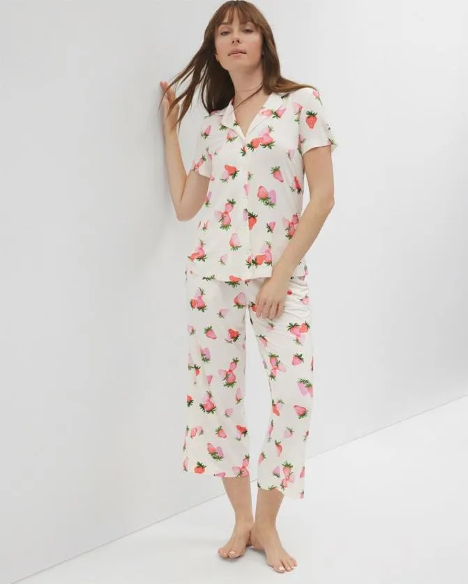 Women Soma Matching Separates Cool Nights Short Sleeve Notch Collar Pajama Top Berry Best Champagne