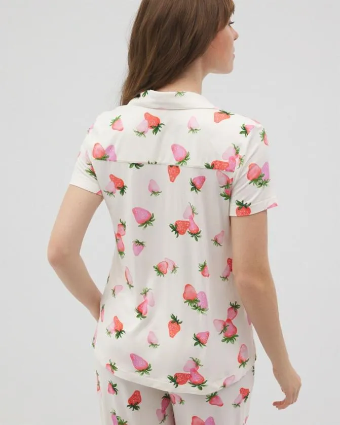 Women Soma Matching Separates Cool Nights Short Sleeve Notch Collar Pajama Top Berry Best Champagne
