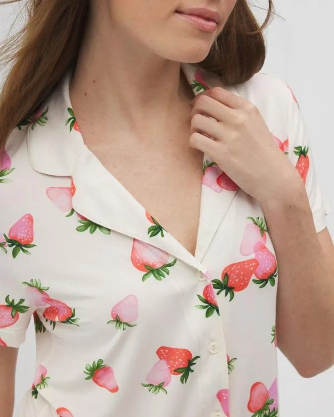 Women Soma Matching Separates Cool Nights Short Sleeve Notch Collar Pajama Top Berry Best Champagne